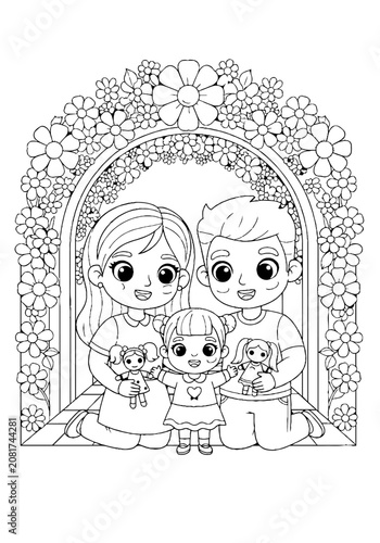 Happy Family with Children in Floral Arch Illustration.