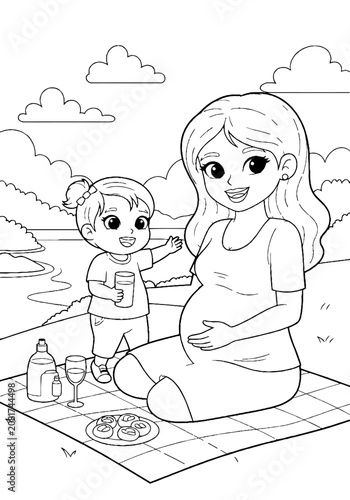 Pregnant woman and child enjoying a picnic by the lake.