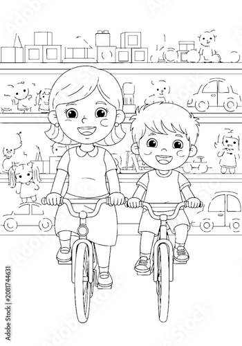 Two children riding bicycles in a playful setting.