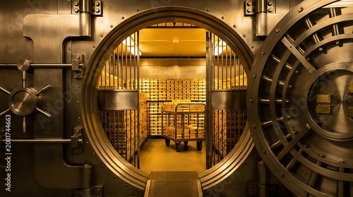 bank vault room filled with rows of gold bullion bars on shelves and trolley inside secure facility with large open vault door and intricate combination lock wheel mechanism detailed.