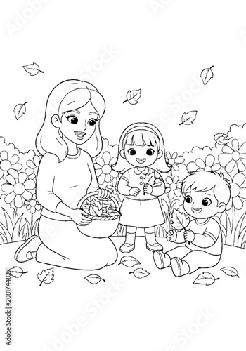Family enjoying autumn leaves in a garden scene.