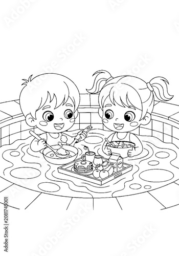 Two children enjoying a picnic with cake and drinks.