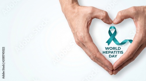 World Hepatitis Day banner with teal awareness ribbon framed by caring hands in a heart shape. Healthcare awareness, liver health, July 28 campaign and copy space