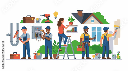 A group of workers in overalls and caps engaged in various home renovation tasks