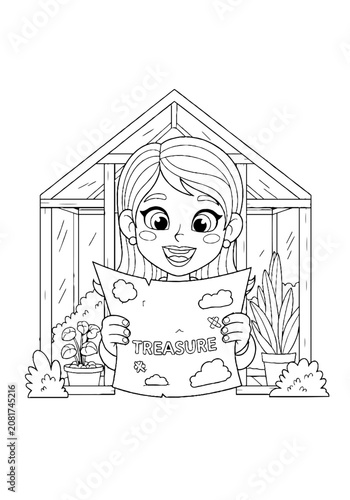 Girl holding treasure map in greenhouse illustration.