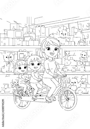 Girl riding bicycle with two cats in a pet store.