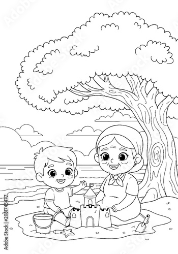 Children playing with sandcastles at the beach under a tree.