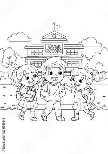 Children walking together in front of a school building.