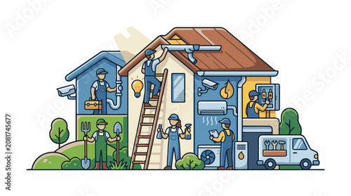 A house with various workers performing tasks on and around it with a van