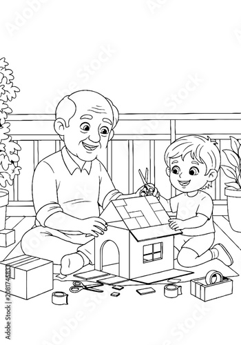 Grandfather and child building a wooden house together.