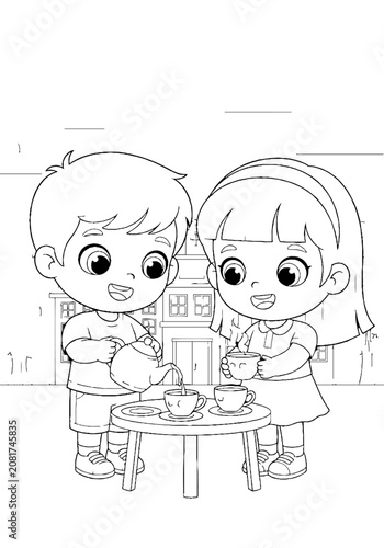 Two children having tea at a small table together.