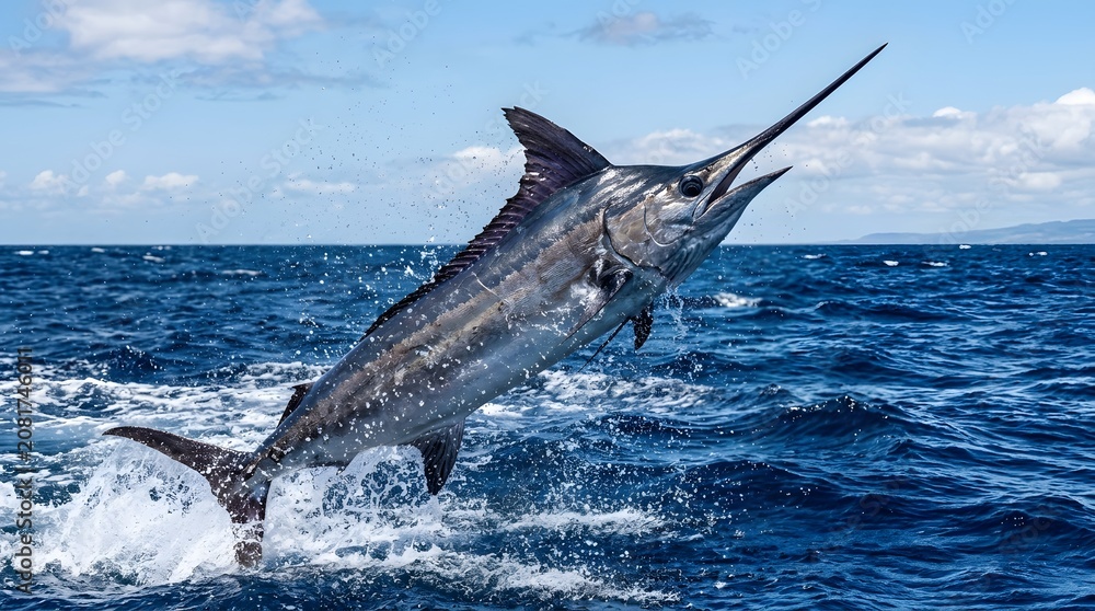 Fototapeta premium Majestic marlin fish leaping from ocean waves under clear blue sky