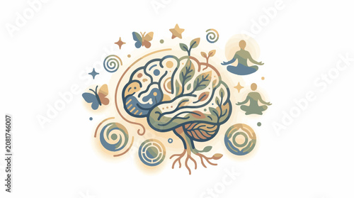 A colorful illustration of a brain with a tree growing out of it surrounded by people meditating leaves stars and but