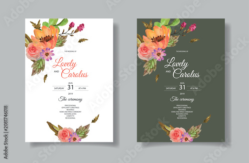 Wedding invitation card set with colorful flowers. Luxury wedding invitation card vector template. Design illustration for vip cover, poster, rsvp modern card.