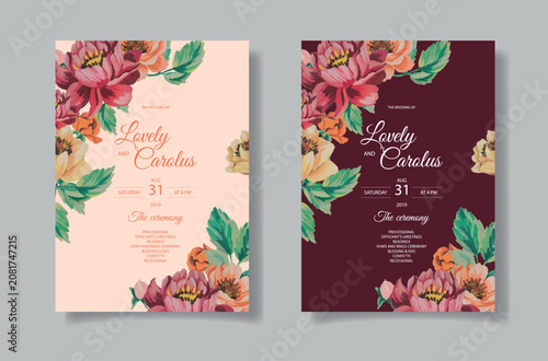 Wedding invitation card set with colorful flowers. Luxury wedding invitation card vector template. Design illustration for vip cover, poster, rsvp modern card.