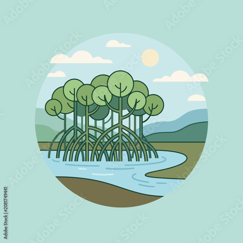 A flat illustration of mangrove trees in a swamp