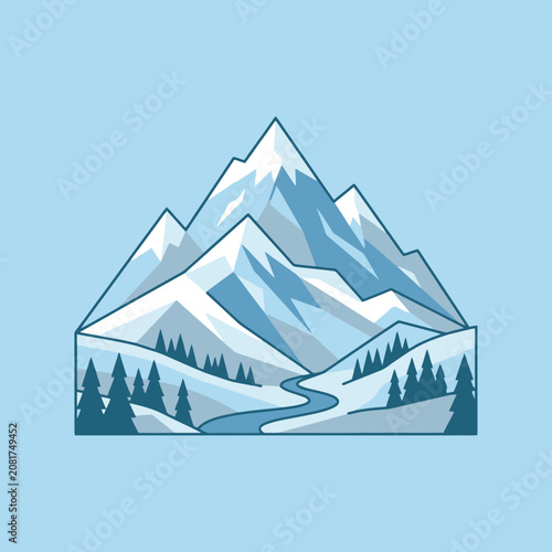 A flat vector illustration of snowy blue mountains