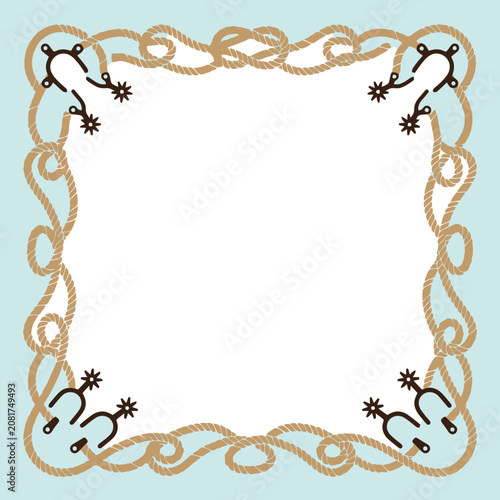 Western rope frame with spurs on a light blue background