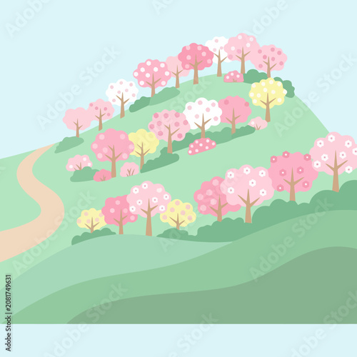 Pastel spring hills with blooming cherry trees