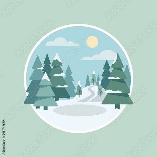 A flat vector illustration of a peaceful snowy winter forest