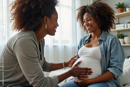 Photo Concept: The intimate bond between a doula therapist and a pregnant African American woman during a checkup, showcasing care and support.