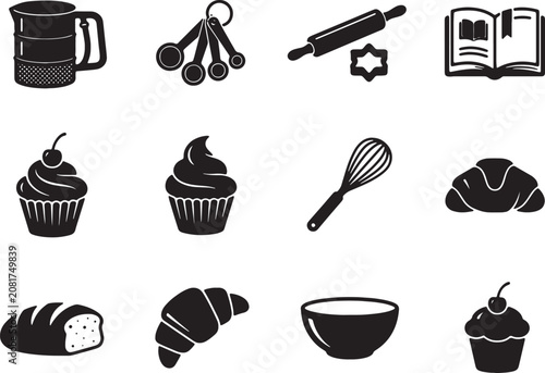 Photos Baking tools and pastry icons set for kitchen preparation features flour sifter measuring spoons rolling pin cookbook cupcake whisk and croissant