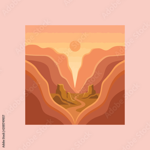 A minimalist illustration of a desert landscape at sunset time
