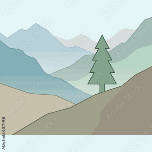 Minimalist mountain landscape with a single pine tree