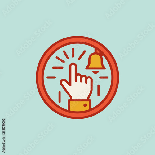 A hand icon clicks a notification bell inside a red circle
