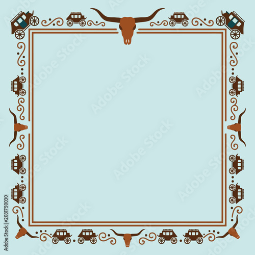 Western style frame with bull skulls and wagons