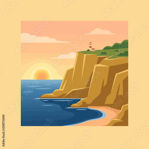 A peaceful lighthouse stands on a cliff during a golden sunset