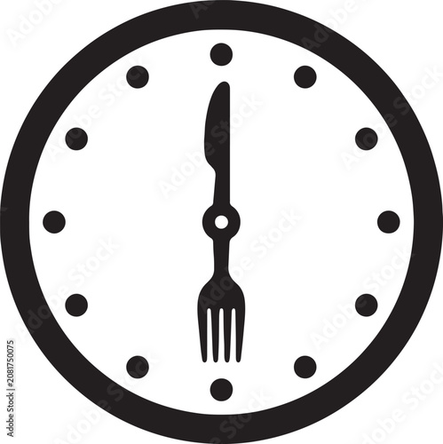 Obraz na plátně Dining time clock icon with knife and fork hands indicating lunch hour isolated silhouette for restaurant opening hours and food service timing