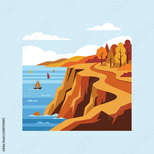 A scenic coastal cliff with autumn trees and sailboats