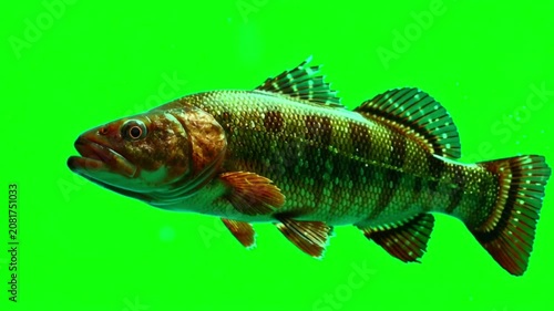 Freshwater bass fish swimming underwater with rising air bubbles against a vibrant green screen background