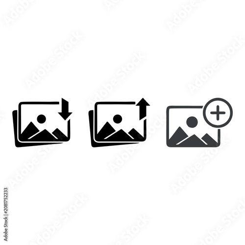A collection of black vector icons for adding photos. Attaching a new image or photo. Editing an album.