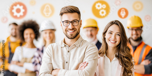 Group of people of different professions standing together, smiling diverse multiethnic workers and specialists team, horizontal recruitment background banner.