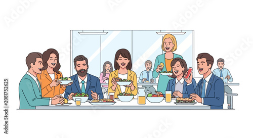 Diverse Corporate Coworkers Enjoying Healthy Meal Together at Large Communal Table in Bright Modern Office Cafeteria Scene