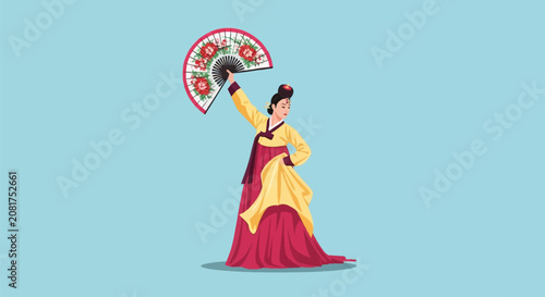 Illustration of a woman wearing a traditional Korean hanbok performing the Buchaechum fan dance, holding a large floral folding fan, featuring a yellow top and maroon skirt on blue.