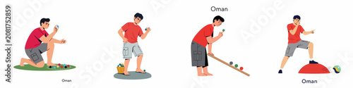 Fotografía Illustration set of a boy playing various traditional Omani marble games, including aiming, rolling, and flicking techniques in a flat vector style