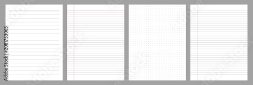 White A4 vector set of craft grid paper textures. Seamless notebook page backgrounds with black dotted lined and patterns for digital planning and bullet journal for writing. editable template.