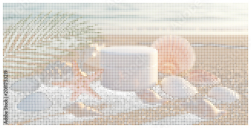 Canvas Print Summer beach scene with starfish and smooth stones in a dotted pattern