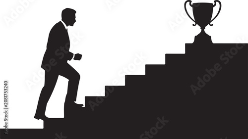 Photos Businessman climbing stairs toward trophy