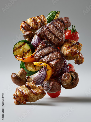 Artistic arrangement of grilled meats and vegetables with herbs