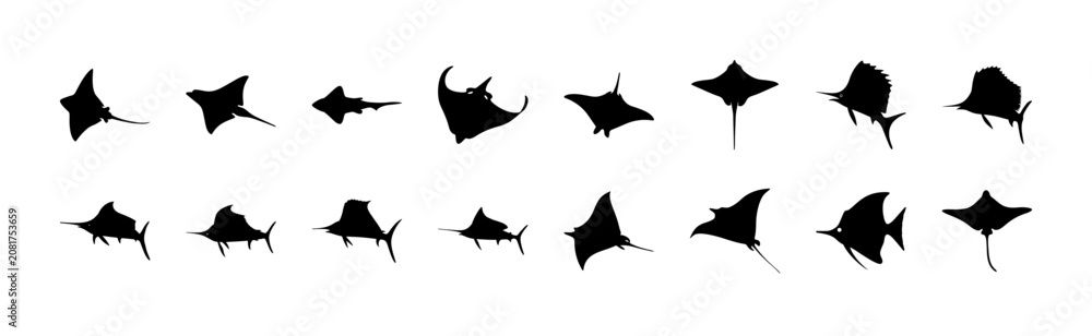 Obraz premium Black minimalist fish icons in different styles and directions - Simple set of sleek, minimalist black fish icons pointing in various directions, ideal for web design, apps, or presentations.