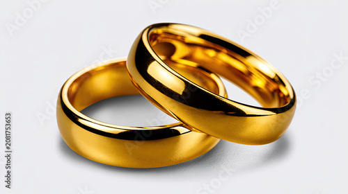 Two shiny gold rings overlapping on gray surface