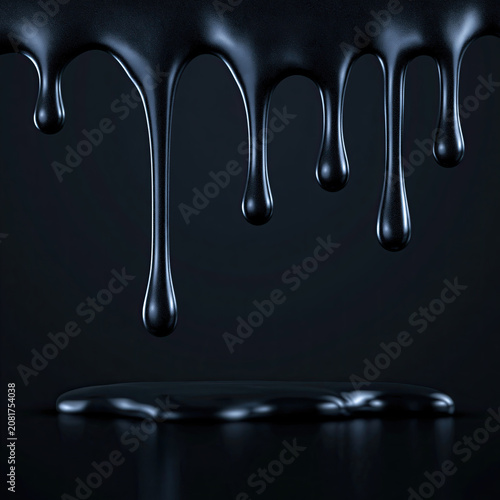 Glossy black liquid dripping against dark background