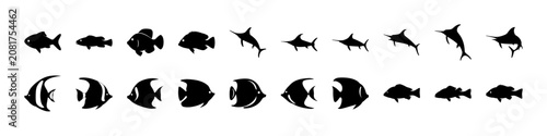 Black and white fish and shark icons set - Minimalist black and white vector icons of various fish and a shark swimming in a row
