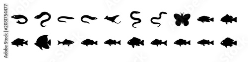 Flat style fish and sea creature icons set - Minimalist black and white flat icons of various fish and sea creatures in a playful, stylized design.