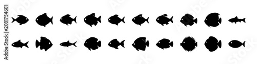 Black and white fish icons in a row - Set of stylized black and white fish icons arranged in a horizontal line for graphic design and illustration projects.