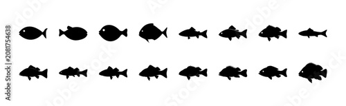 Black fish icons in a row - Minimalist set of black fish icons arranged neatly for graphic design use, perfect for web or print projects.